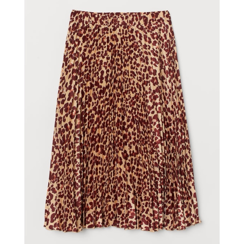 H&M Pleated Maroon Leopard Print Midi Skirt Size 2